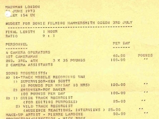 Ziggy Hammersmith July 3, 1973 budget